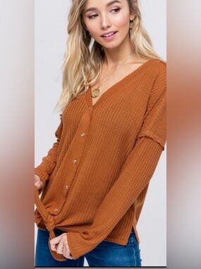 🍁New Fall🍁 Waffle Knit Button Down Front Tie Casual Relaxed Fit Top